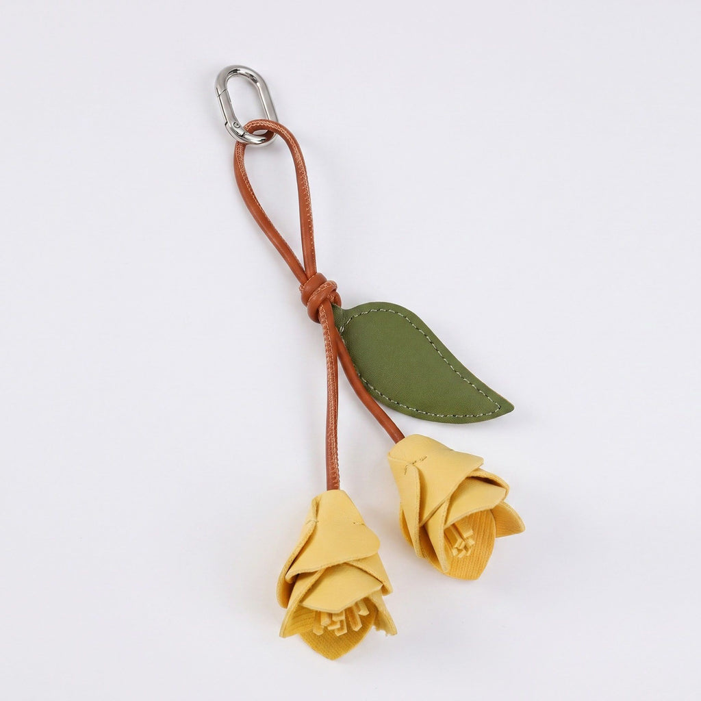 Floral Bag Charm with Leaf Accent and Silver Tone Clip