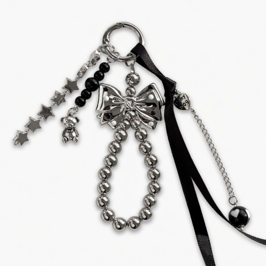 Bow Beaded Charm Keychain with Star Chain Teddy Bear Pendant Ribbon Tassel Bag Charm Key Ring Accessory