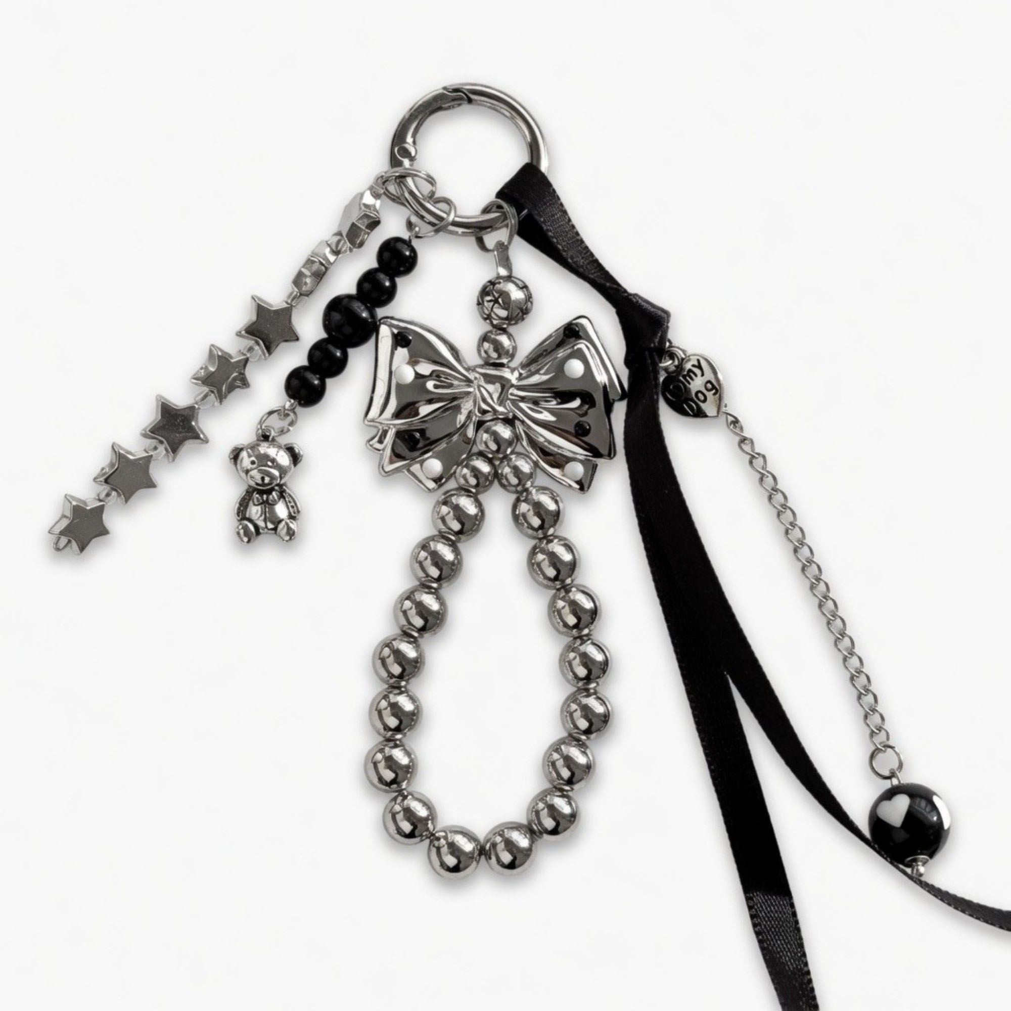Bow Beaded Charm Keychain with Star Chain Teddy Bear Pendant Ribbon Tassel Bag Charm Key Ring Accessory