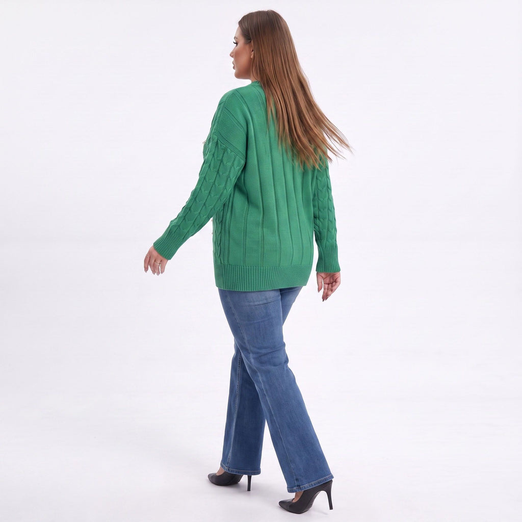 Plus Size Faux Pearl Cable Knit Tunic Sweater