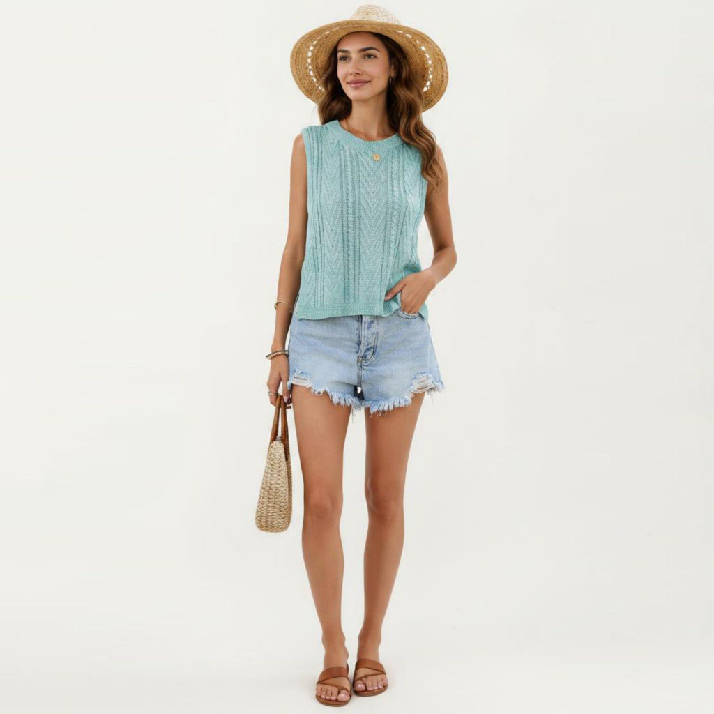 Anna-Kaci Women's Sleeveless Cable Knit Top with Crew Neck and Ribbed Hem