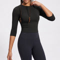 Elbow Sleeve Workout Top Crew Neck Fitted Crop Yoga Activewear Shirt