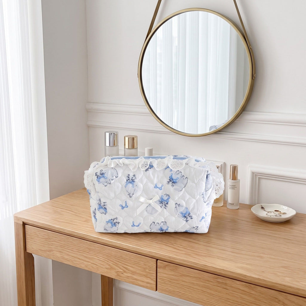 Womens Quilted Ruffle Makeup Bag with Blue Print Cosmetic Pouch