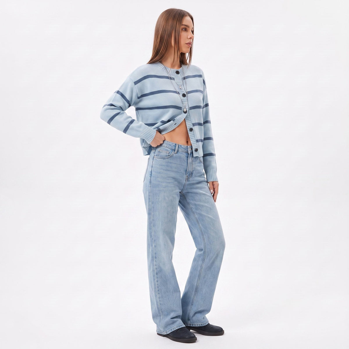 Striped Crewneck Button Front Knit Cardigan Sweater