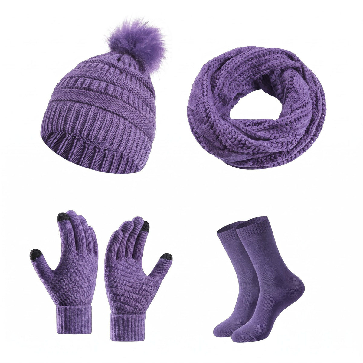 4 Piece Knit Winter Hat Scarf Touchscreen Gloves and Socks Set