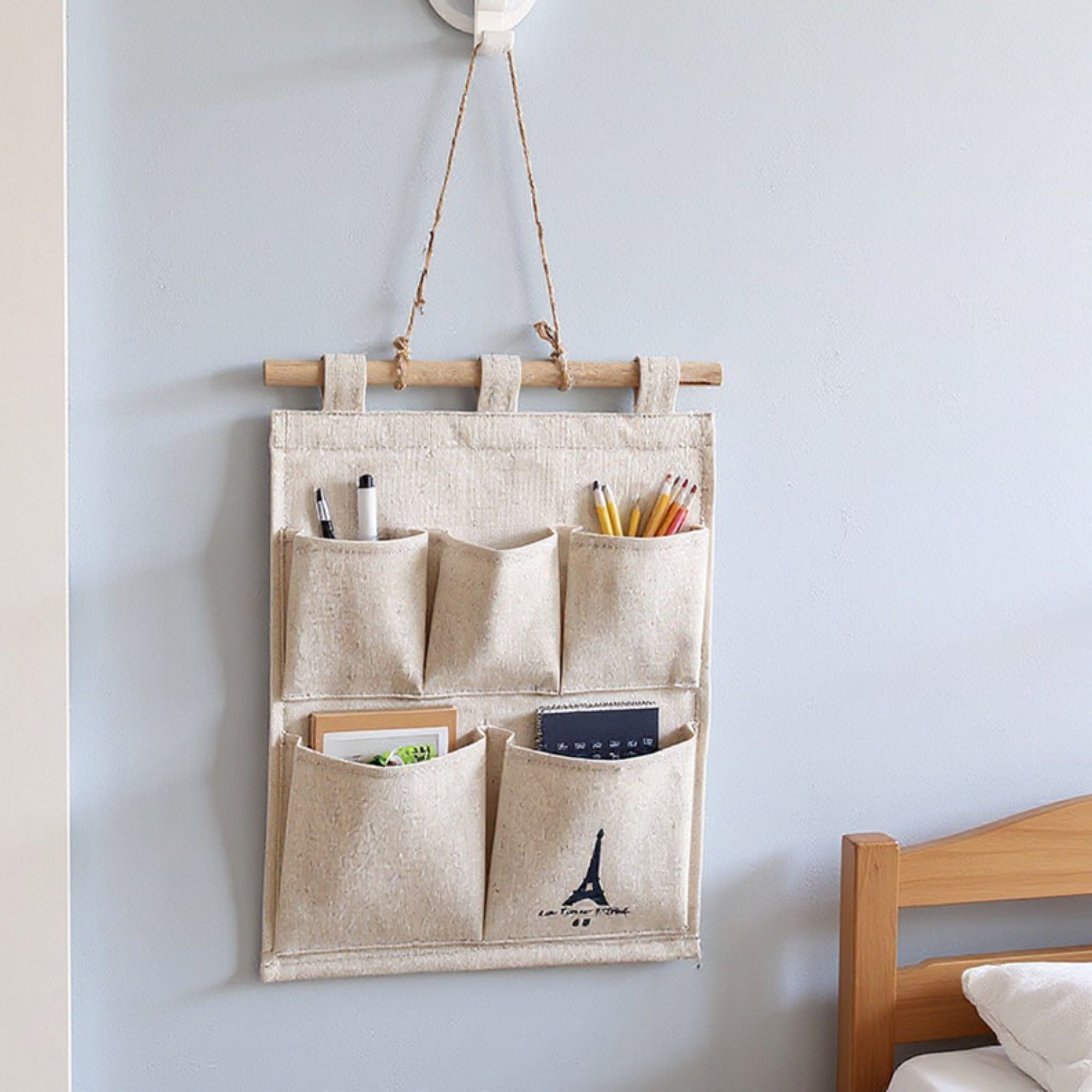 Hanging Wall Organizer with Eiffel Tower Print and Five Canvas Storage Pockets 12.5x9.5 in