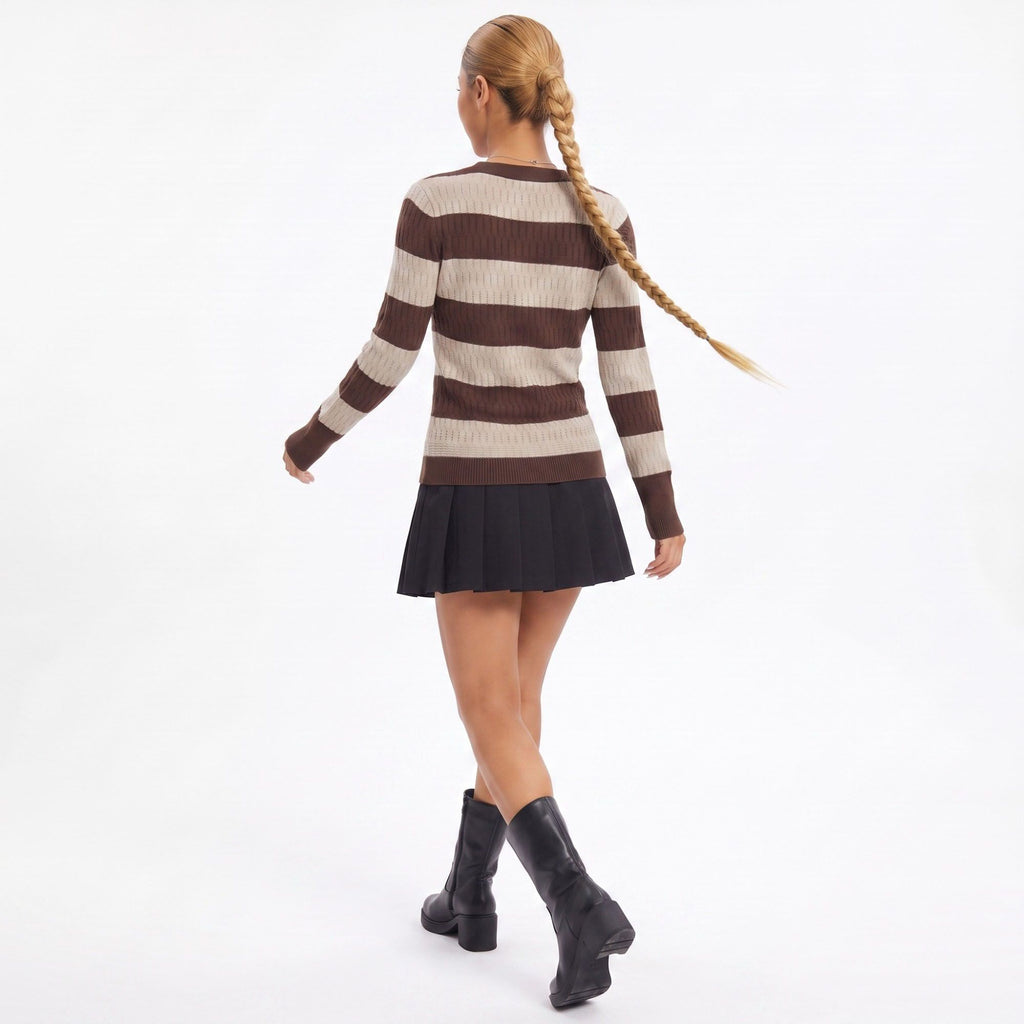 V Neck Striped Cable Knit Long Sleeve Sweater