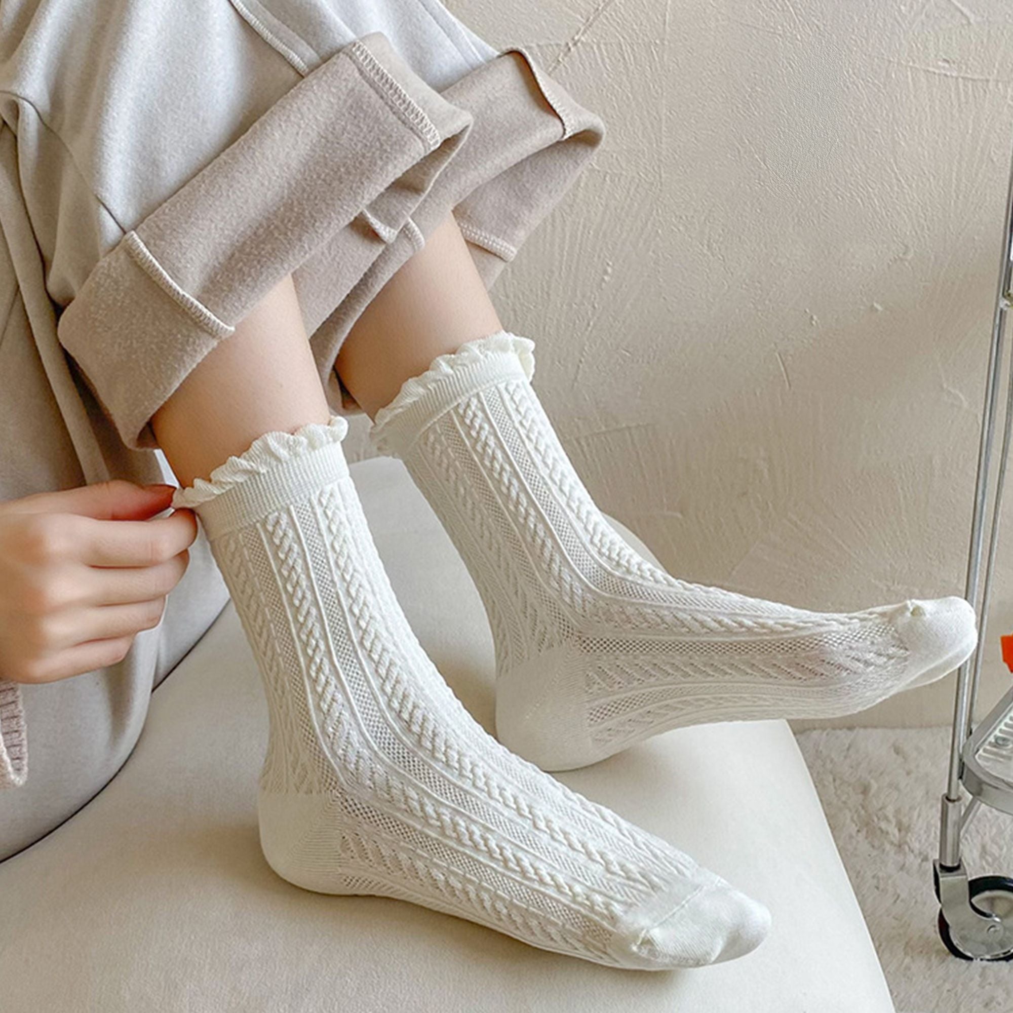Anna-Kaci 3 Pairs Mid-Crew Cable Knit Socks with Ruffle Cuffs Soft Stretchy Vintage-Inspired Design