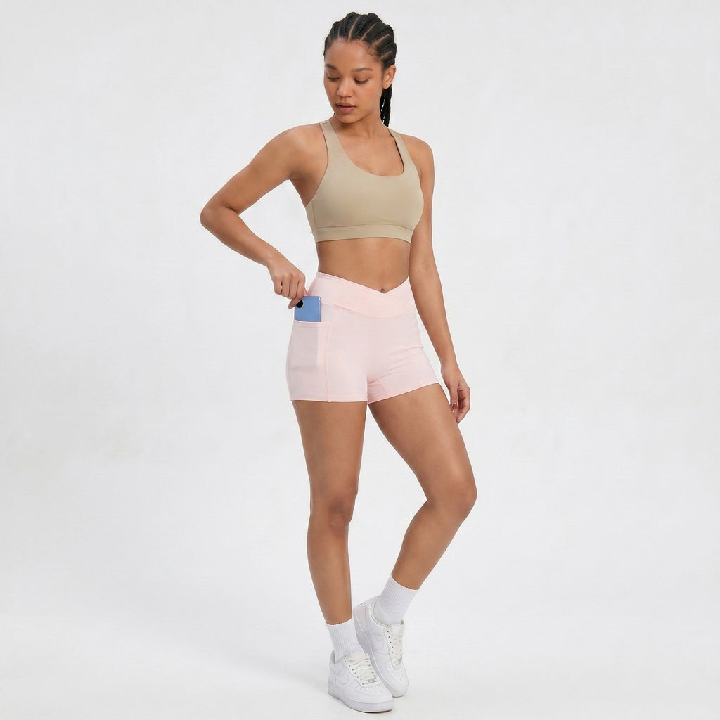 High Waist Crossover Waistband Pocket Workout Biker Shorts