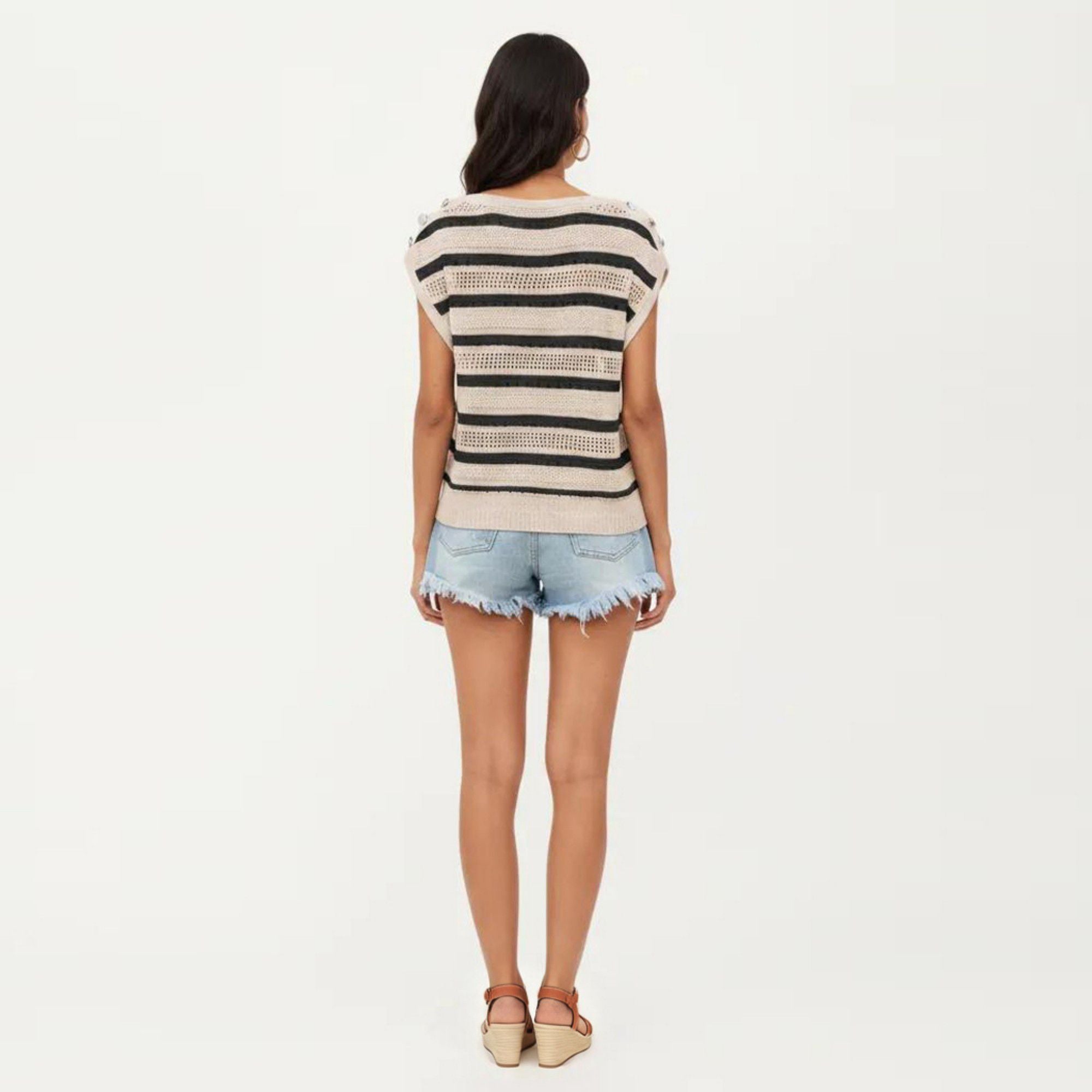 Anna-Kaci Women's Short Sleeve Striped Open Knit Top with Button Shoulder Detail and Relaxed Fit