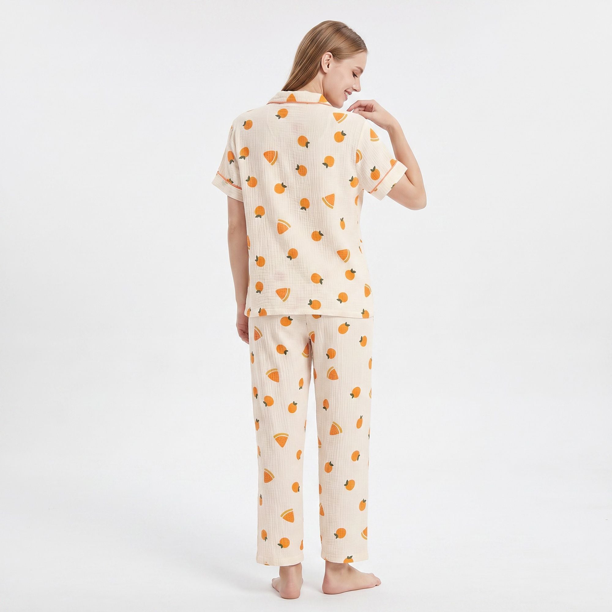 2-Piece Set Fruit Print Button Front Pajama Top and Relaxed Pants Sleepwear