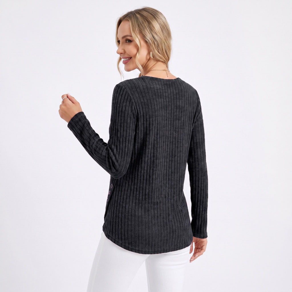 Ribbed Crew Neck Side Slit Long Sleeve Tunic Top