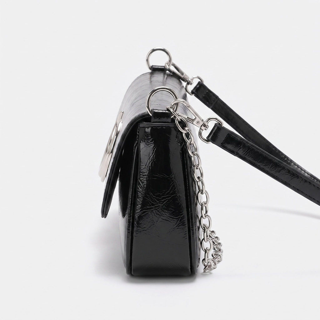 Glossy Crescent Accent Flap Shoulder Bag with Chain Detail
