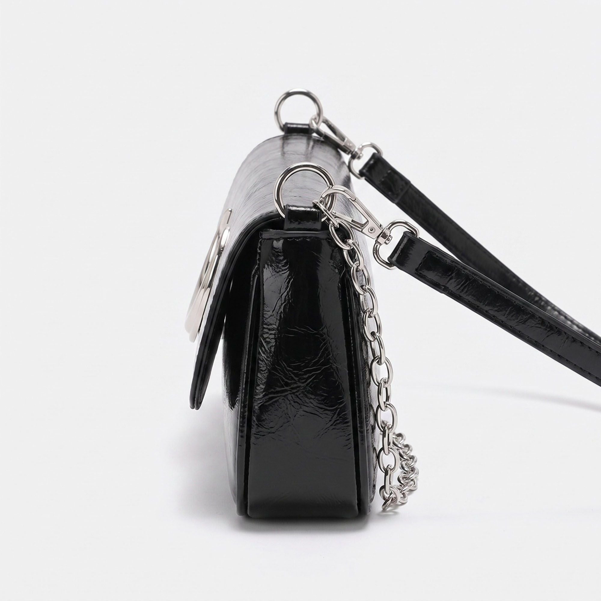 Glossy Crescent Accent Flap Shoulder Bag with Chain Detail