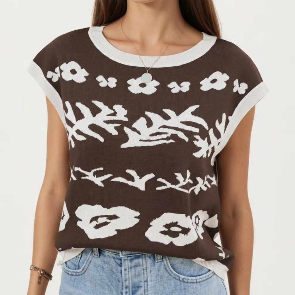 Anna-Kaci Women's Sleeveless Floral Knit Vest Top with Crew Neck and Contrast Trim