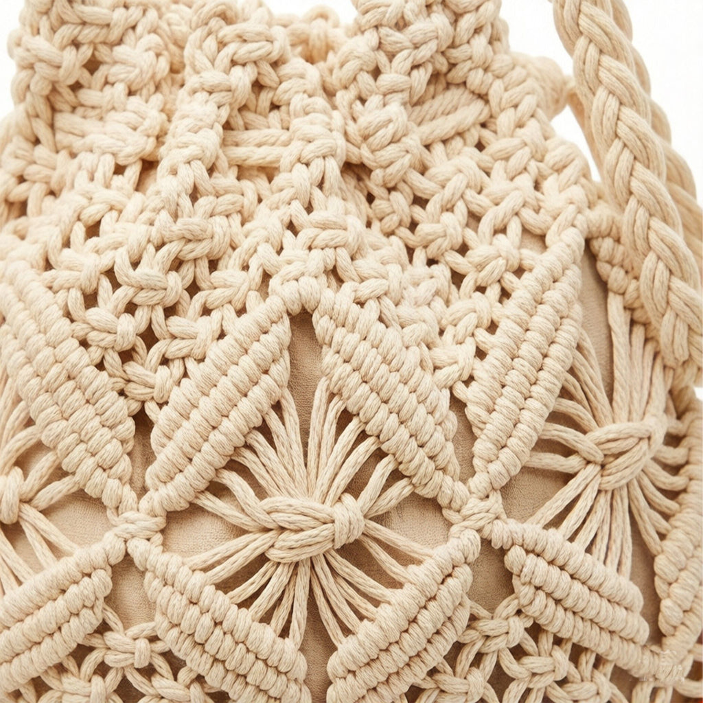 Macrame Bucket Bag Knotted Rope Handbag Drawstring Shoulder Bag Textured Woven Crossbody Style Lightweight Boho Purse
