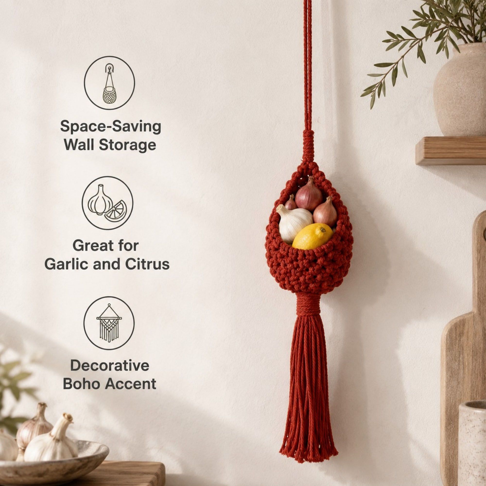 Macrame Hanging Basket with Wood Ring Tassel for Plant and Home Storage