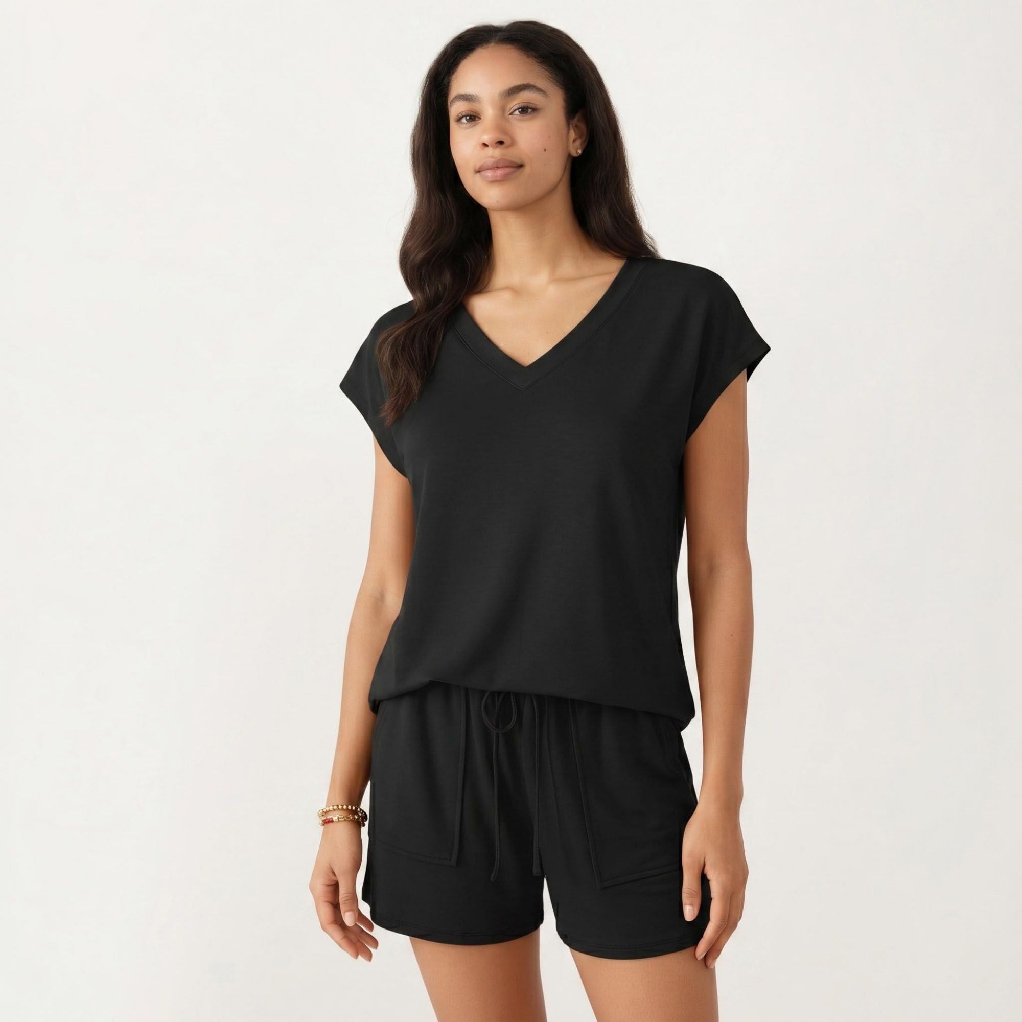 Anna-Kaci Women's 2-Piece Set Short Sleeve V Neck Top and Drawstring Shorts with Pockets Relaxed Fit Lounge Set