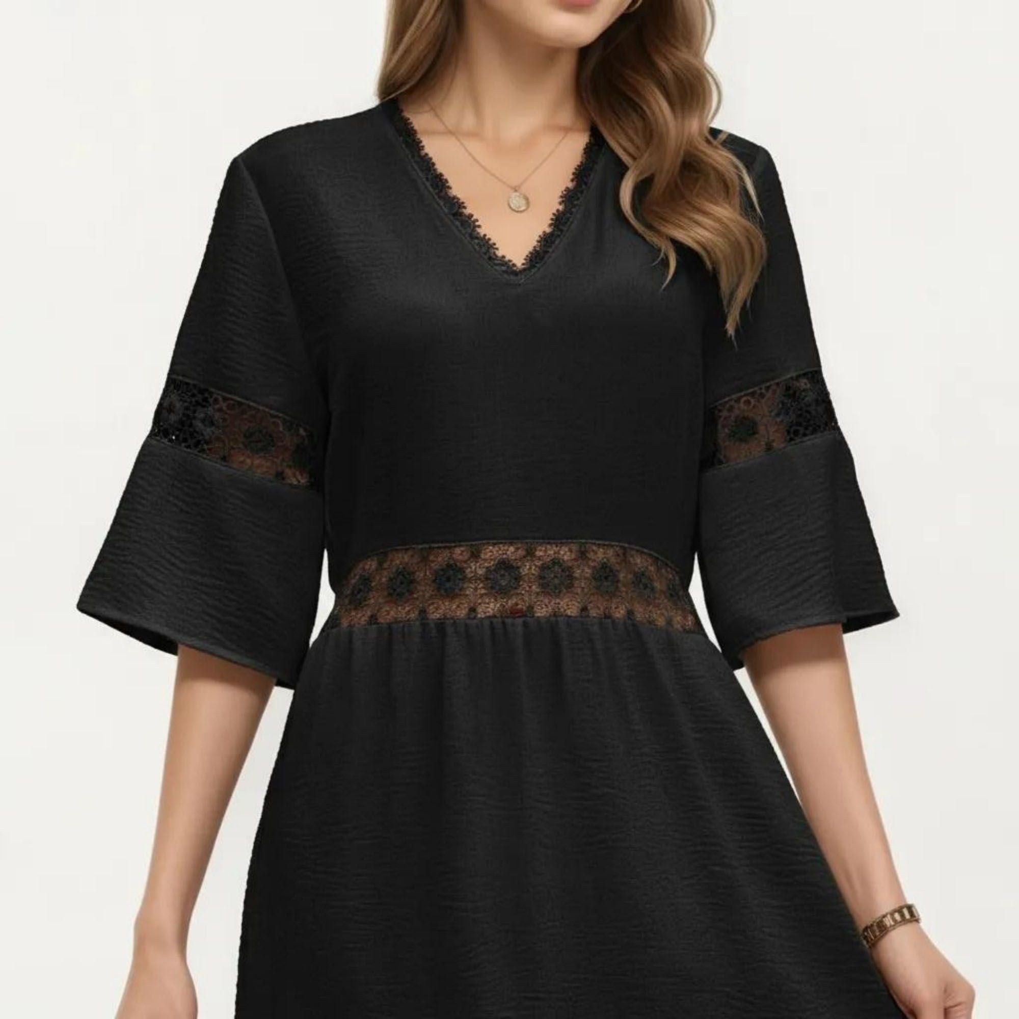 Anna-Kaci Women's V Neck Midi Dress with Lace Trim Paneling and Short Wide Sleeves Flowing Silhouette