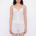 2-Piece Set Striped Button Front Cami Top and Shorts Pajama Lounge Set with Bow Accent and Lettuce Trim