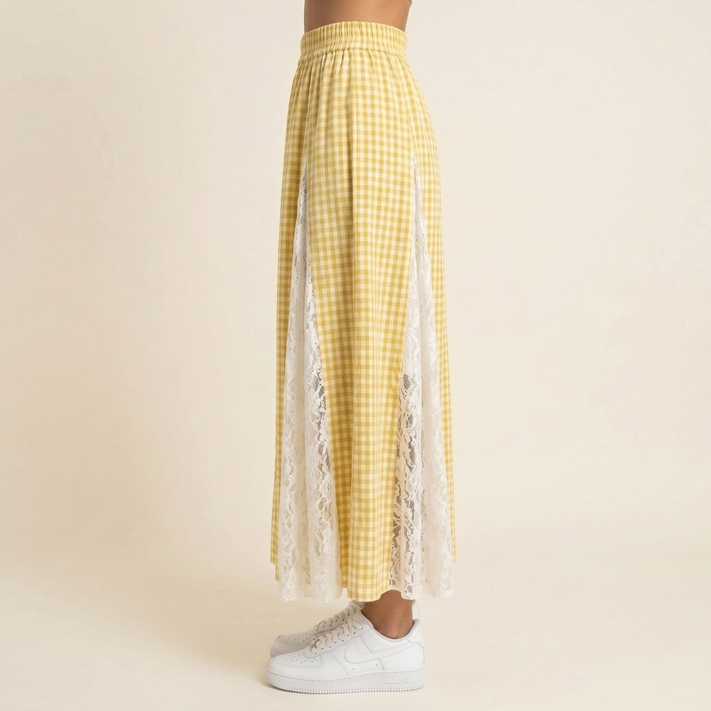 Anna-Kaci Women's Gingham Maxi Skirt Lace Panel High Waist A Line Flowy Lightweight Casual Skirt