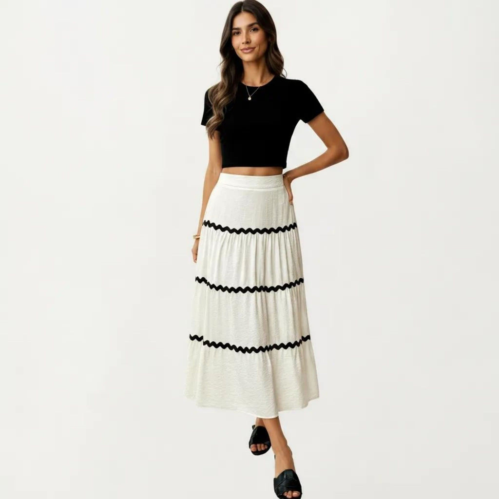 Anna-Kaci Women's High Waist Tiered Midi Skirt with Wavy Trim Detail Flowy A-Line Silhouette Lightweight Fabric
