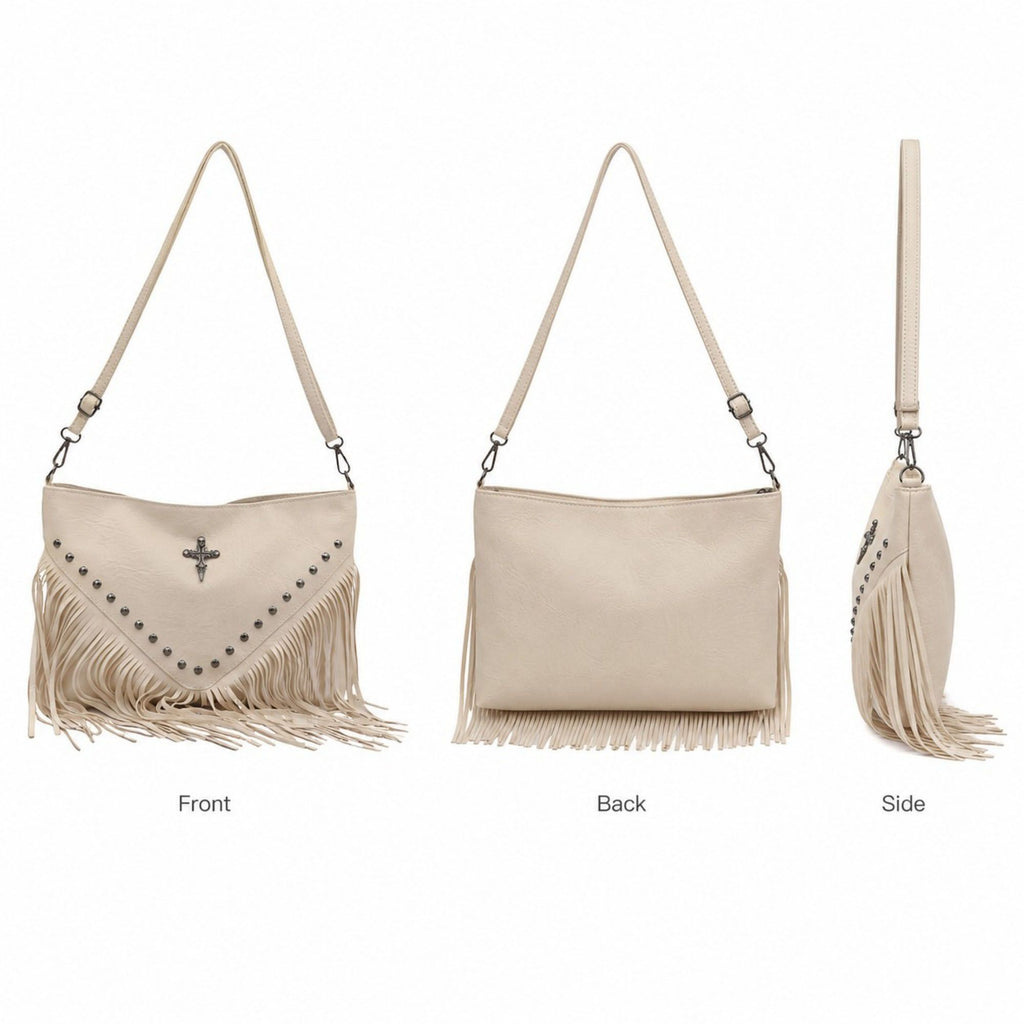 Studded Fringe Shoulder Bag with Adjustable Strap and Zip Closure