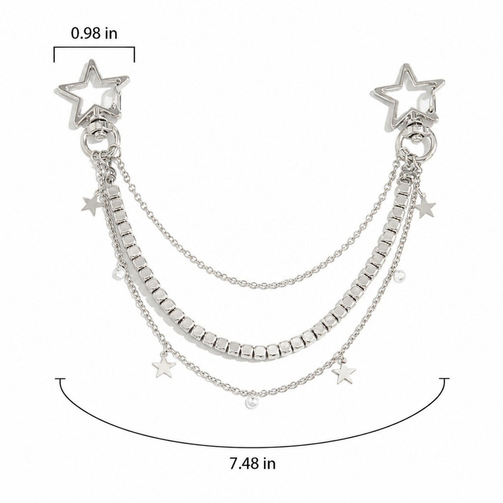 Star Chain Bag Charm with Layered Silver Tone Chains Dual Clips for Jeans Bags and Keys