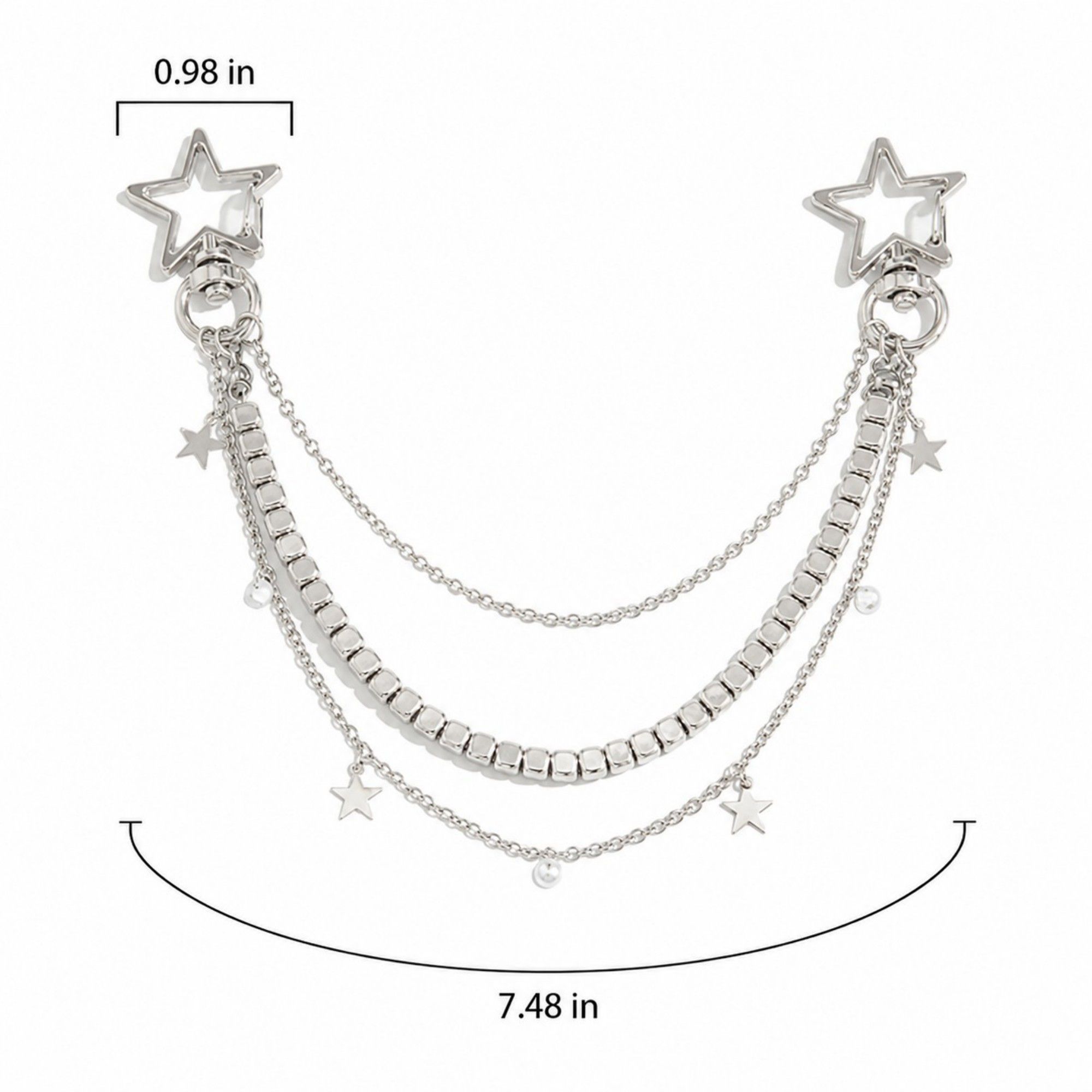Star Chain Bag Charm with Layered Silver Tone Chains Dual Clips for Jeans Bags and Keys