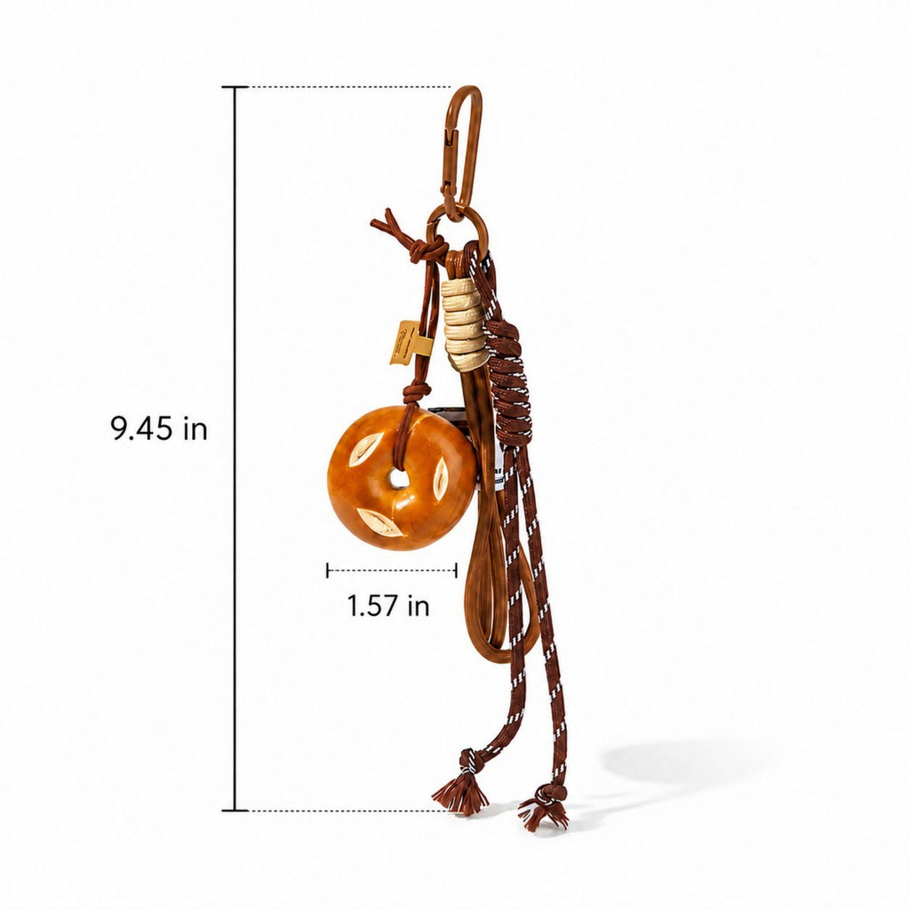 Pretzel Keychain Bag Charm with Brown Cord Tassel Carabiner Clip and Gold Tone Accent