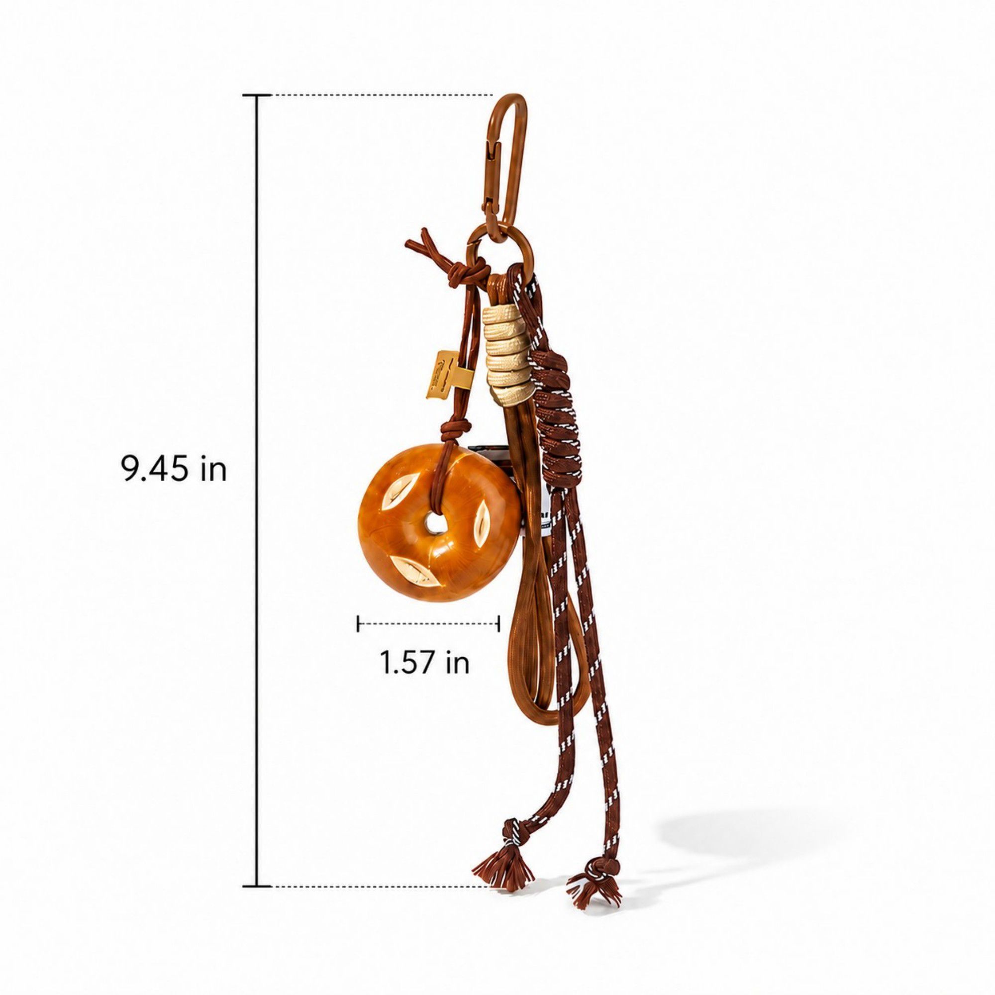 Pretzel Keychain Bag Charm with Brown Cord Tassel Carabiner Clip and Gold Tone Accent