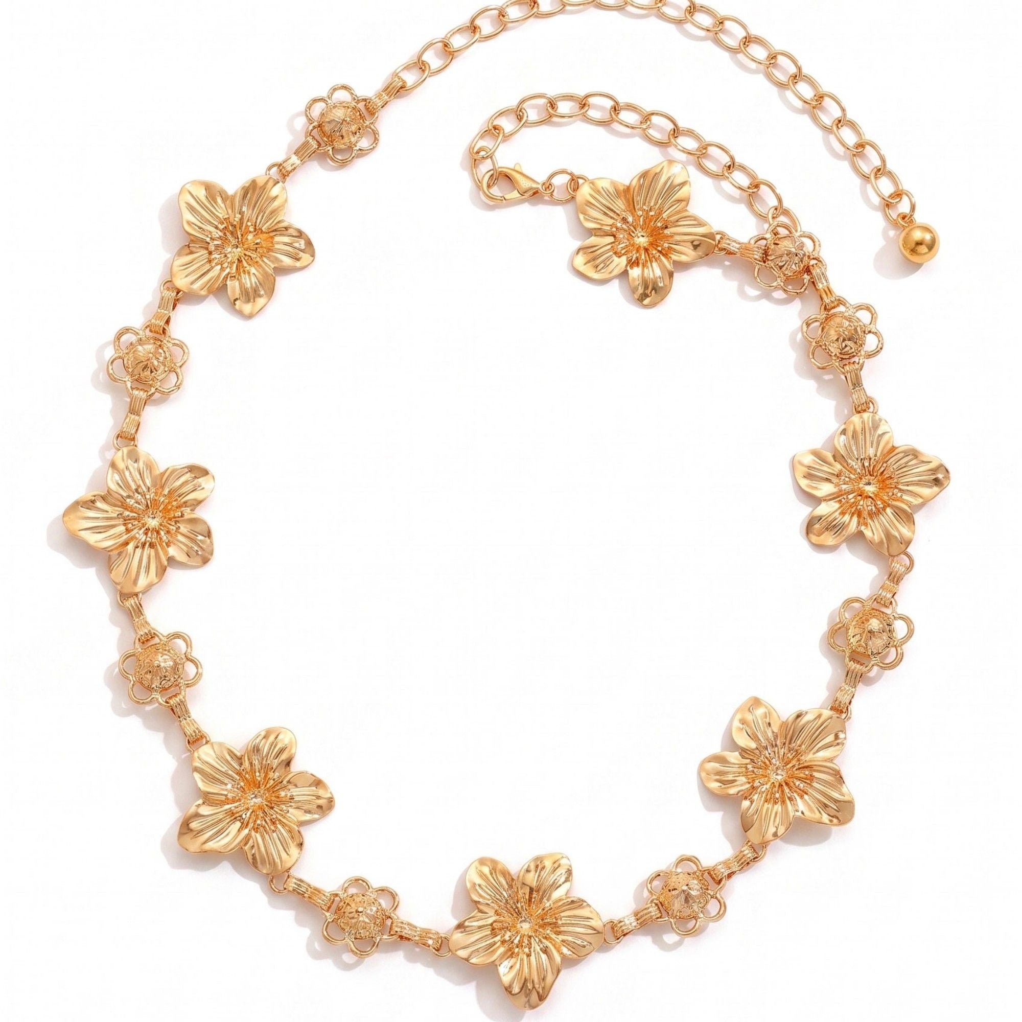 Multi Floral Metal Waist Chain Adjustable Botanical Statement Waist Jewelry 43.3in