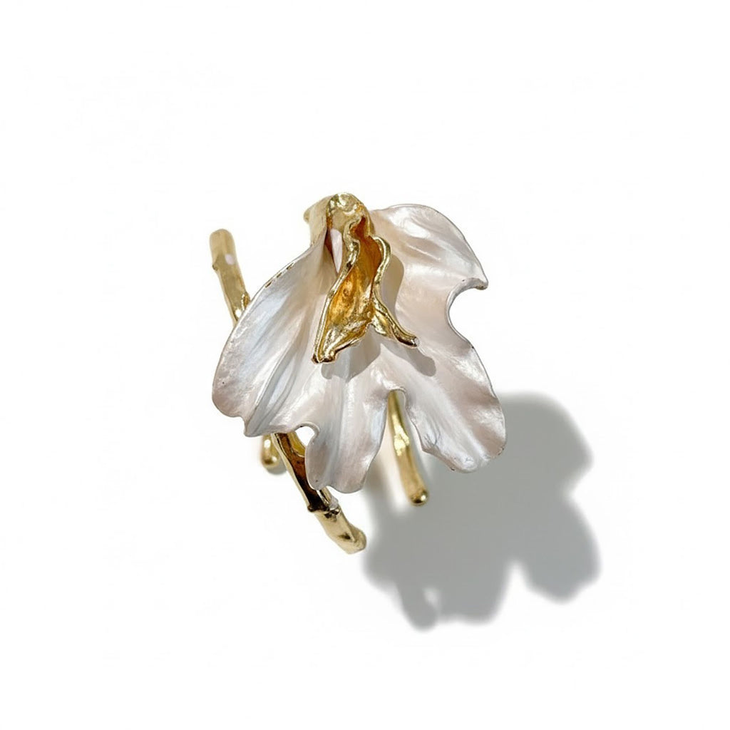 Women's Sculptural Flower Cuff Bracelet with Organic Petal Design and Gold Tone Open Band