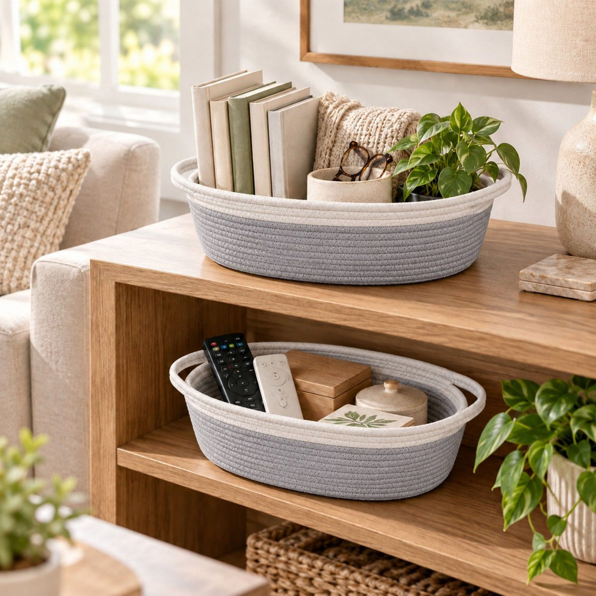 Round Woven Cotton Cord Storage Basket Set of 2