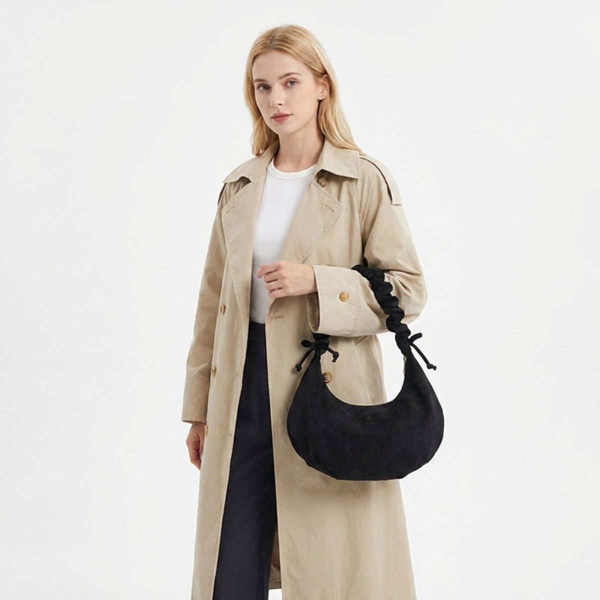 Faux Suede Hobo Shoulder Bag Ruched Strap Zipper Closure Everyday Purse