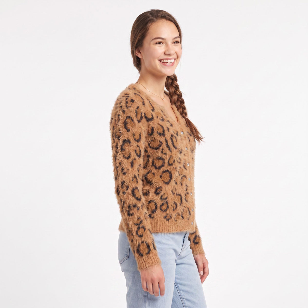 Fuzzy Leopard Print Button Front Cardigan Sweater