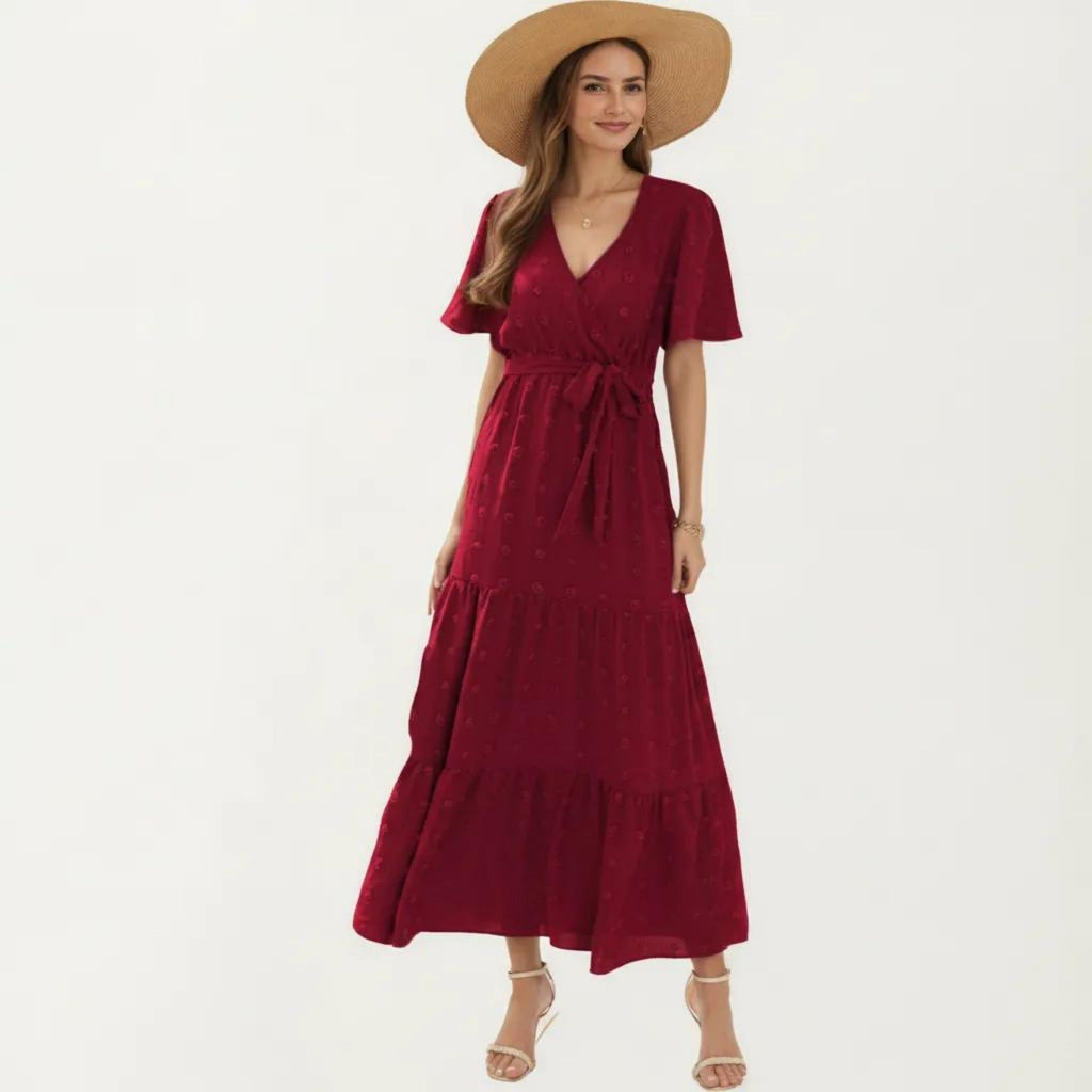 Anna-Kaci Women's Short Sleeve Maxi Dress with Wrap Front Waist Tie and Tiered Skirt