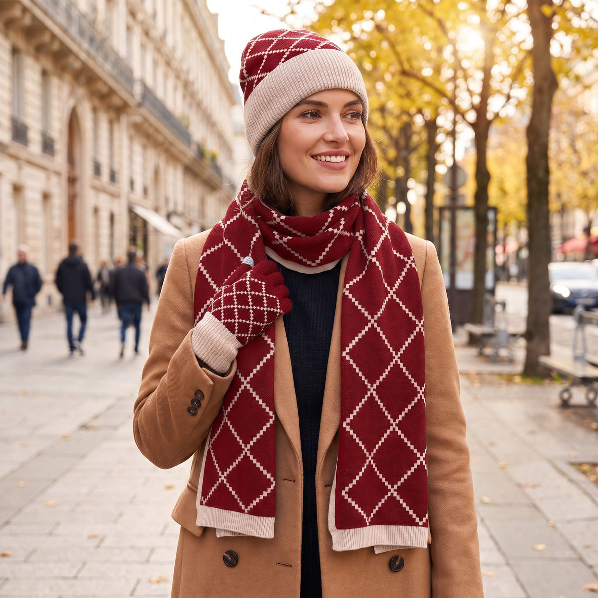 3 Piece Argyle Beanie Scarf and Touchscreen Gloves Winter Set