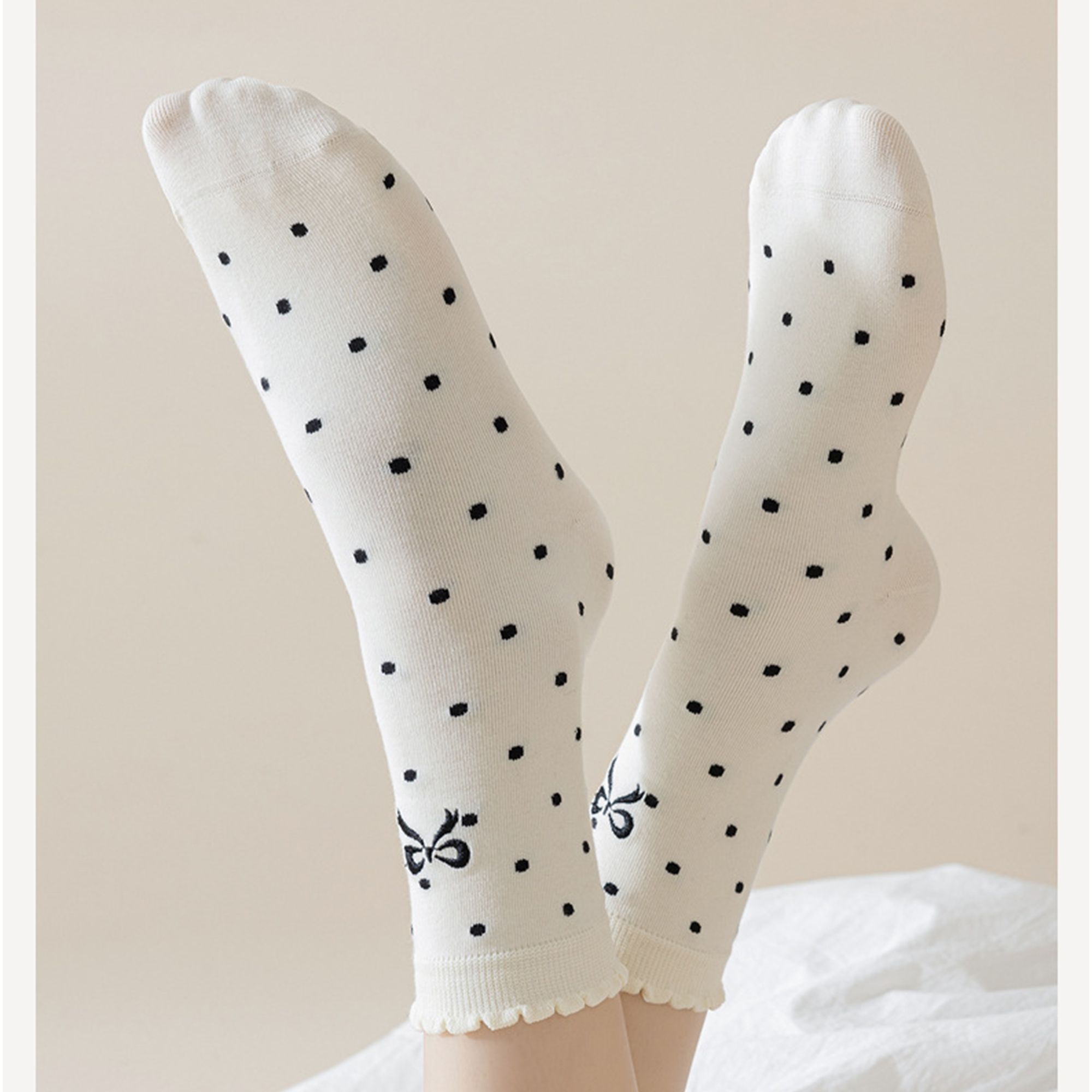 Anna-Kaci 3-Pair Soft Polka Dot Socks with Bow Embroidery and Ruffled Cuff Design