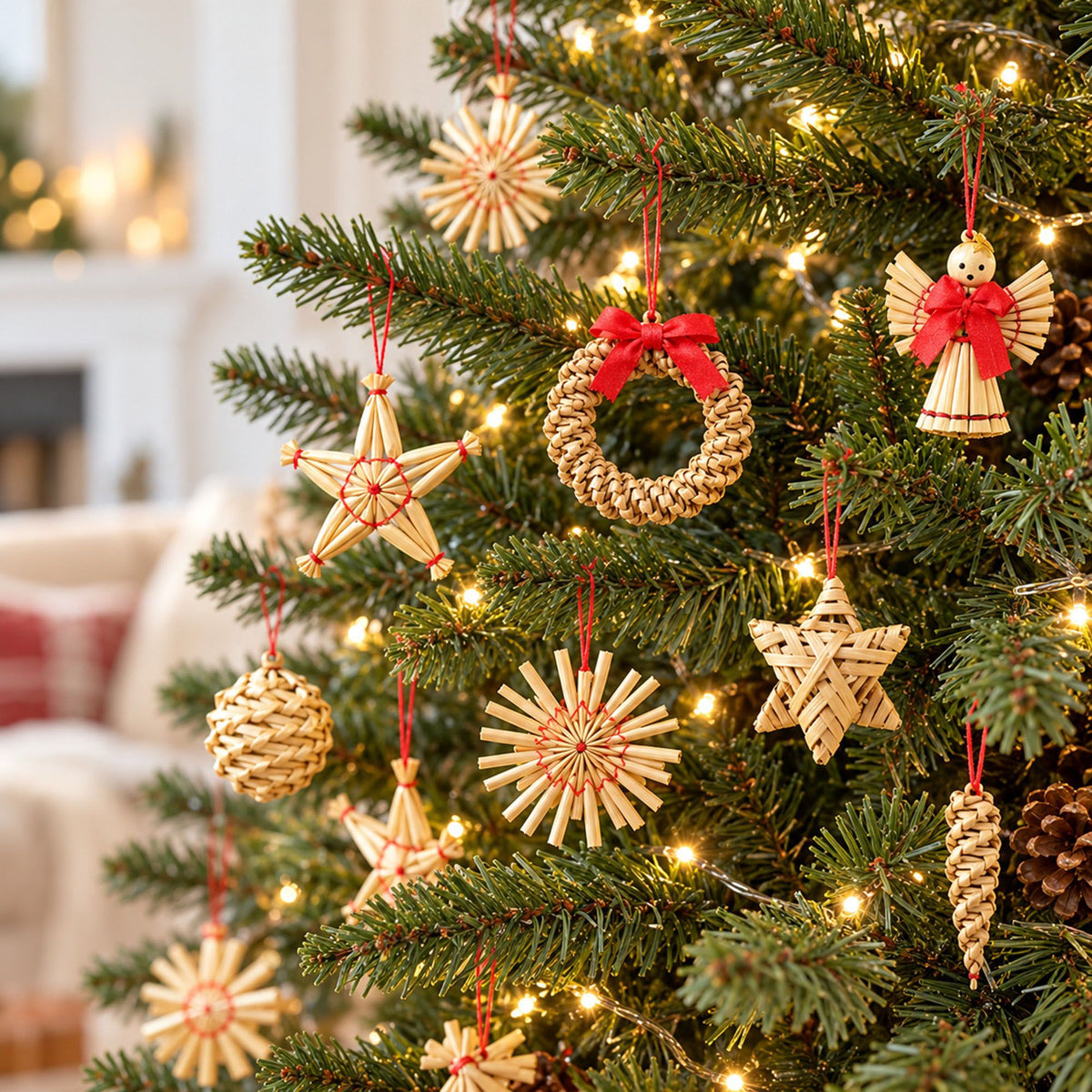 56ct Straw Christmas Tree Ornaments Assorted Holiday Decorations Gift