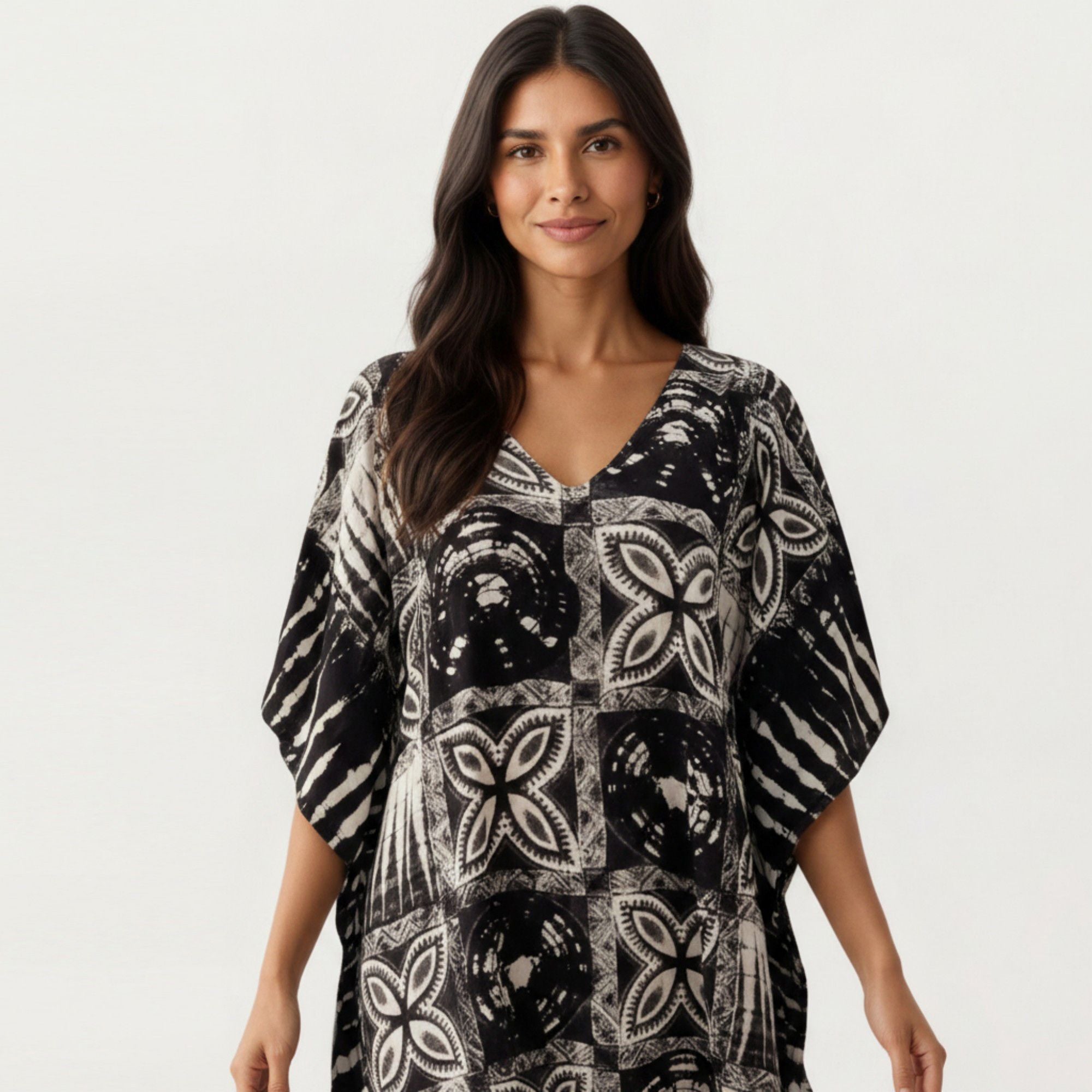 Anna-Kaci Women's Geometric Print Maxi Caftan Dress with V-Neckline Relaxed Fit and Draped Silhouette