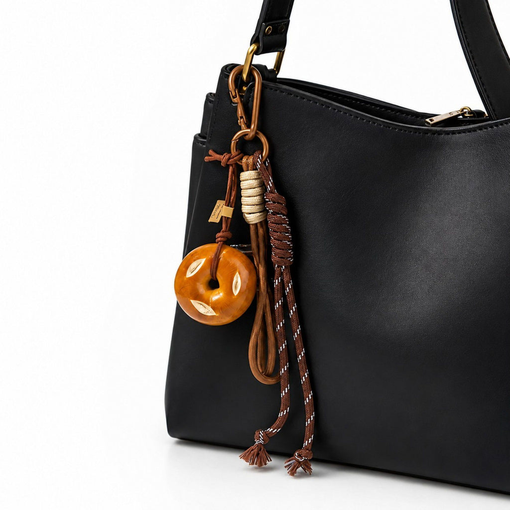 Pretzel Keychain Bag Charm with Brown Cord Tassel Carabiner Clip and Gold Tone Accent