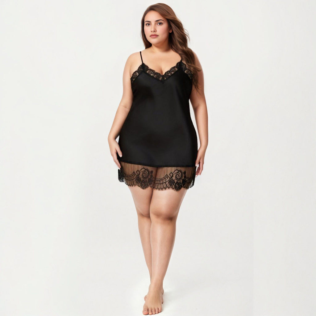 Anna-Kaci Lounge Women's Plus Size Satin Chemise Lace Trim V Neck Sleep Dress Adjustable Strap Slip Nightgown