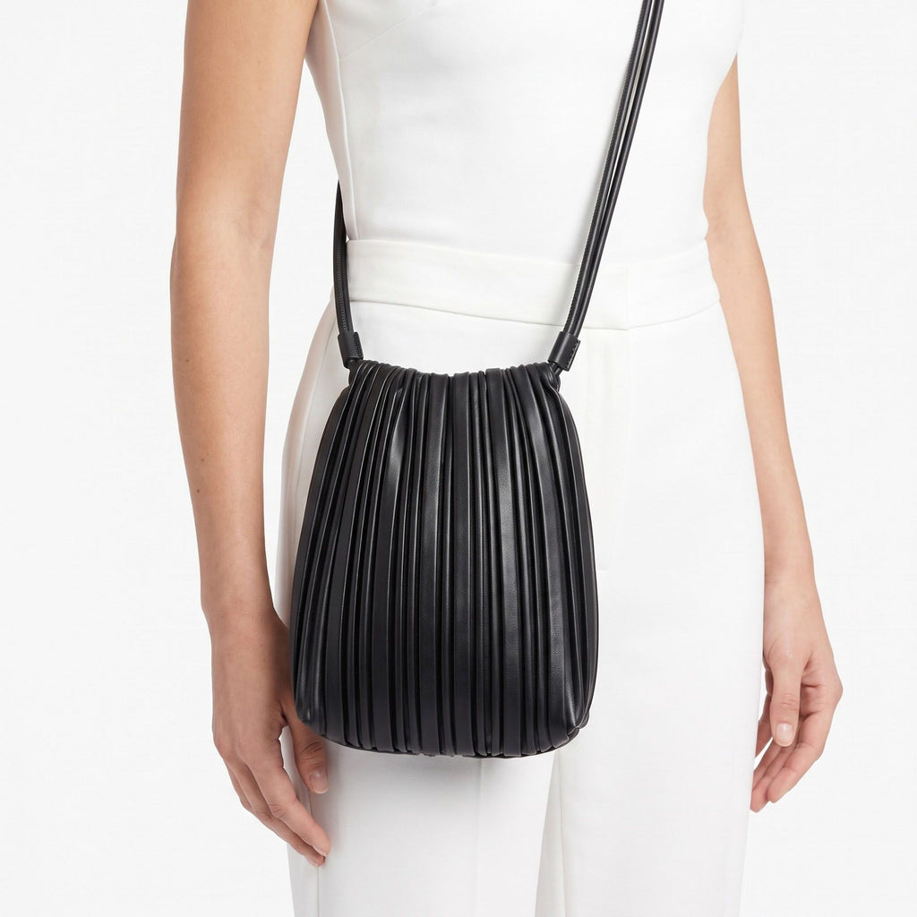 Pleated Crossbody Bucket Bag with Long Shoulder Strap and Gathered Top 7.5x8.5x3.5in