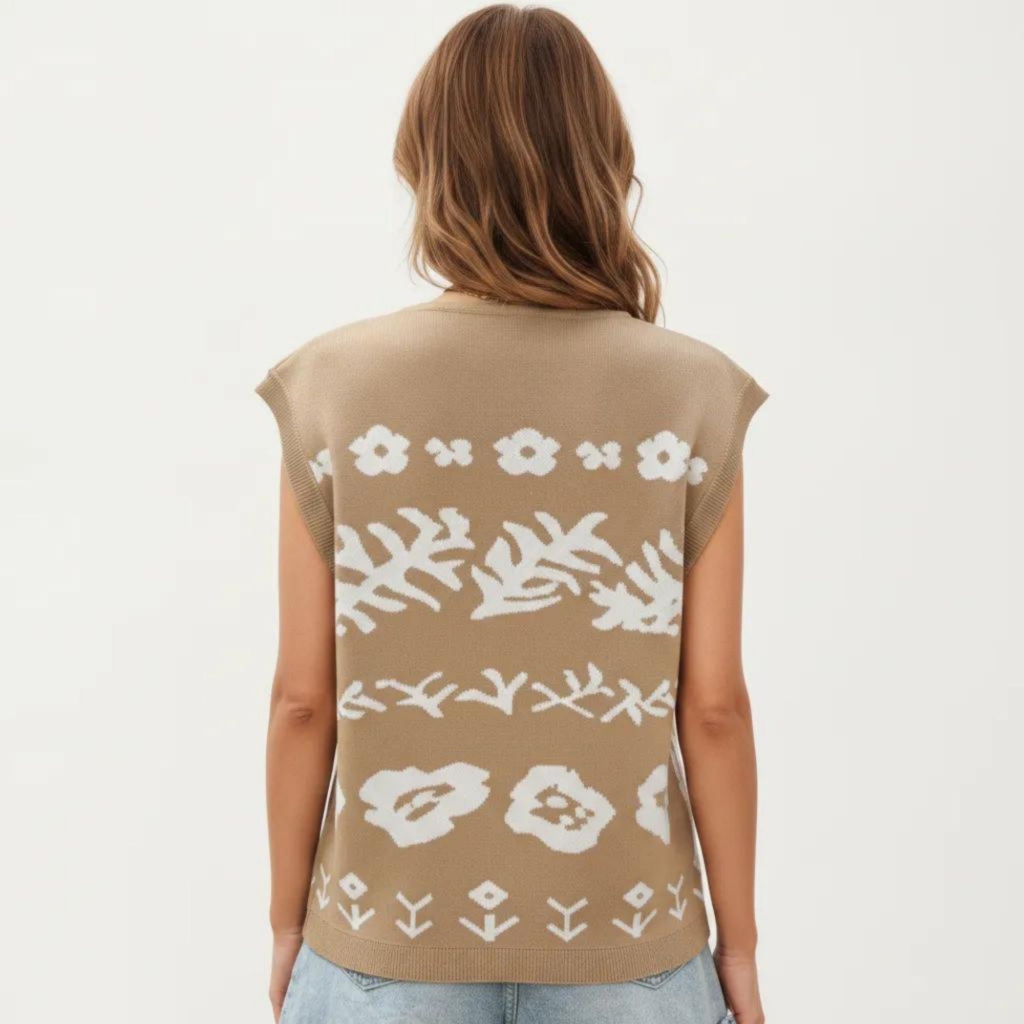 Anna-Kaci Women's Sleeveless Floral Knit Vest Top with V-Neck Front and Button Detail