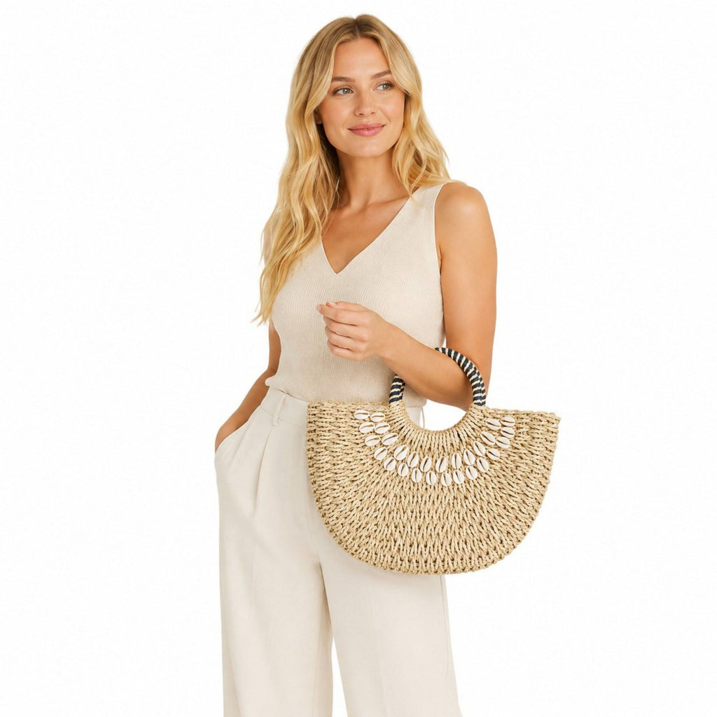Straw Woven Shell Handbag with Round Handle