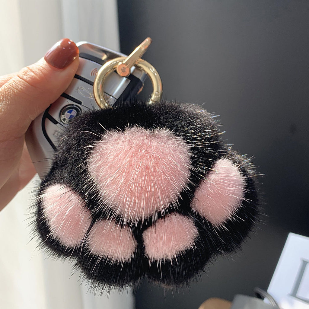2-PC Plush Paw Print Faux Fur Keychain with Metal Clip