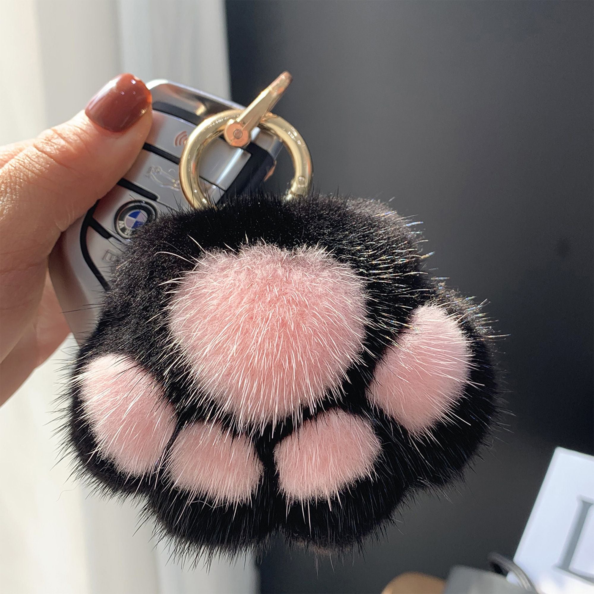 2-PC Plush Paw Print Faux Fur Keychain with Metal Clip