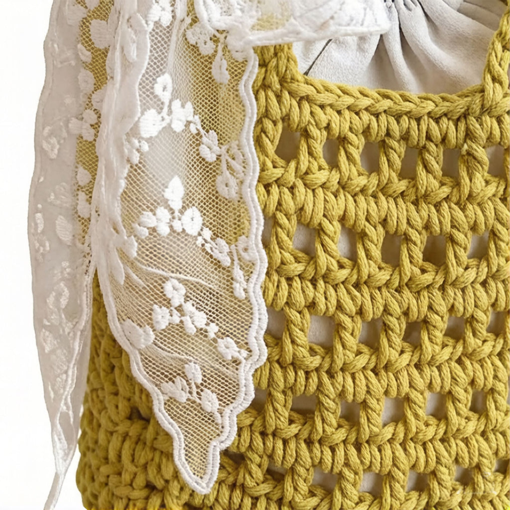 Crochet Shoulder Bag with Lace Bow Detail Knit Bucket Handbag Drawstring Lined Casual Everyday Tote
