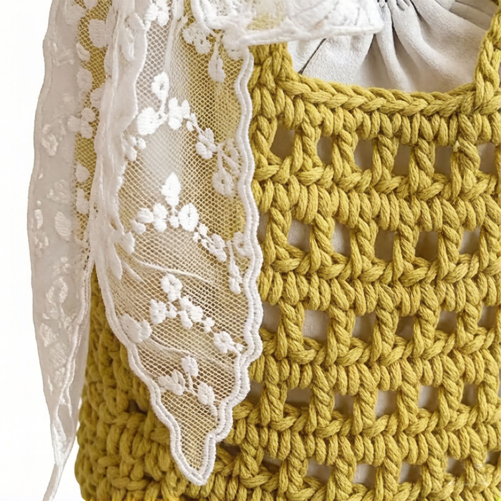 Crochet Shoulder Bag with Lace Bow Detail Knit Bucket Handbag Drawstring Lined Casual Everyday Tote